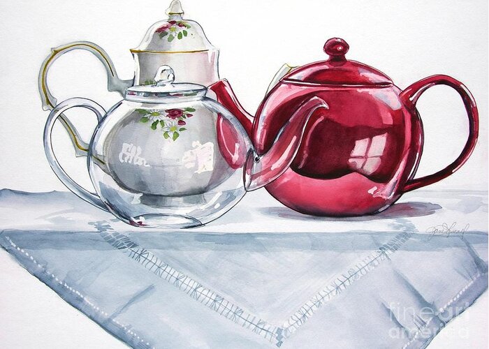 Teapots Greeting Card featuring the painting We Three Teapots by Jane Loveall