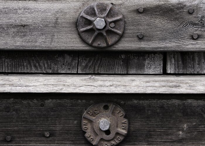 Macro Greeting Card featuring the photograph Weathered Wood and Metal Five by Kandy Hurley