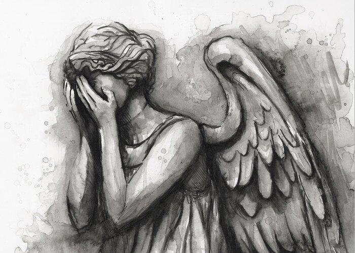 Weeping Angel Greeting Card featuring the painting Weeping Angel Watercolor by Olga Shvartsur