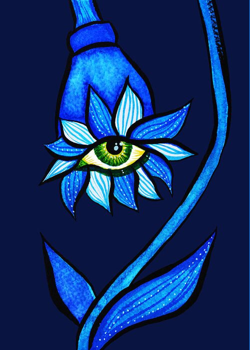 Eye Greeting Card featuring the drawing Weird Blue Staring Creepy Eye Flower by Boriana Giormova