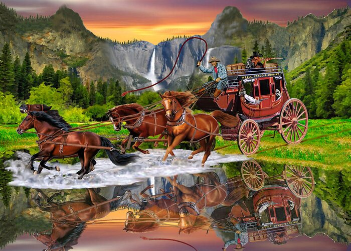 Stagecoach Greeting Card featuring the digital art Wells Fargo Stagecoach by Glenn Holbrook
