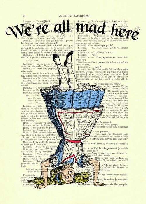 Alice In Wonderland Greeting Card featuring the digital art We're all mad here Alice in wonderland dictionary art print by Madame Memento