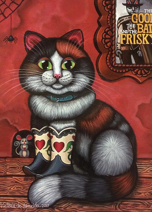 Cat Greeting Card featuring the painting Western Boots Cat Painting by Victoria De Almeida
