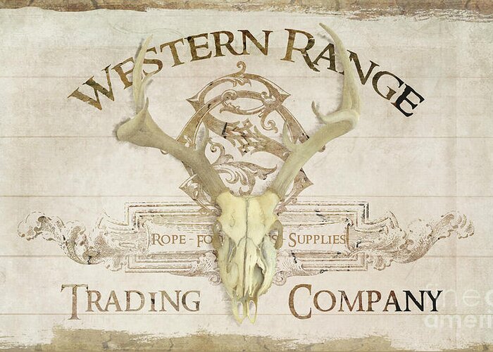 Western Greeting Card featuring the painting Western Range 3 Old West Deer Skull Wooden Sign Trading Company by Audrey Jeanne Roberts
