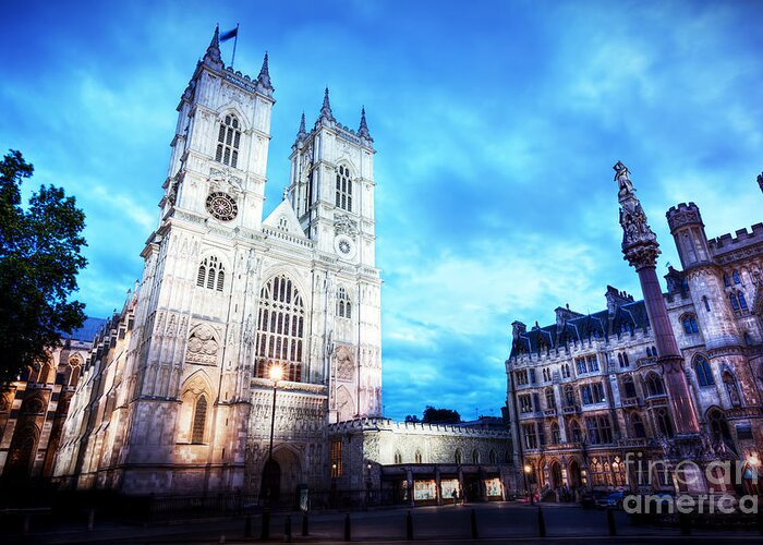 London Greeting Card featuring the photograph Westminster Abbey church facade at night, London UK. by Michal Bednarek