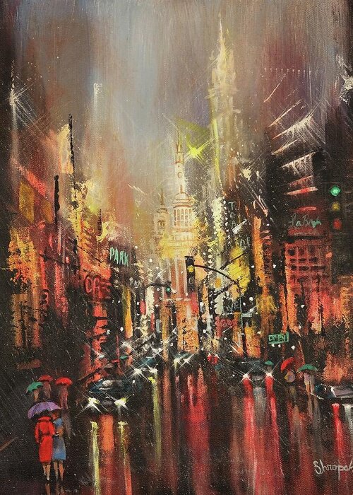 City Rain Greeting Card featuring the painting Wet Streets by Tom Shropshire