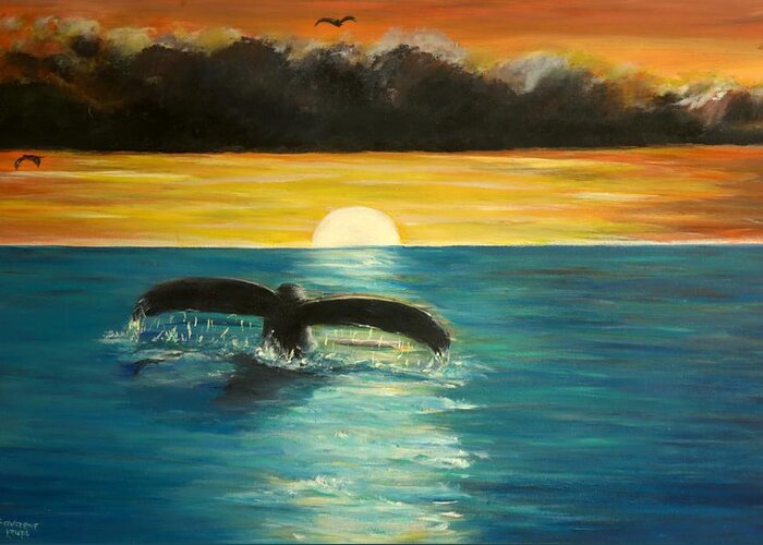 Whale Greeting Card featuring the painting Whale Tail at Sunset by Bernadette Krupa