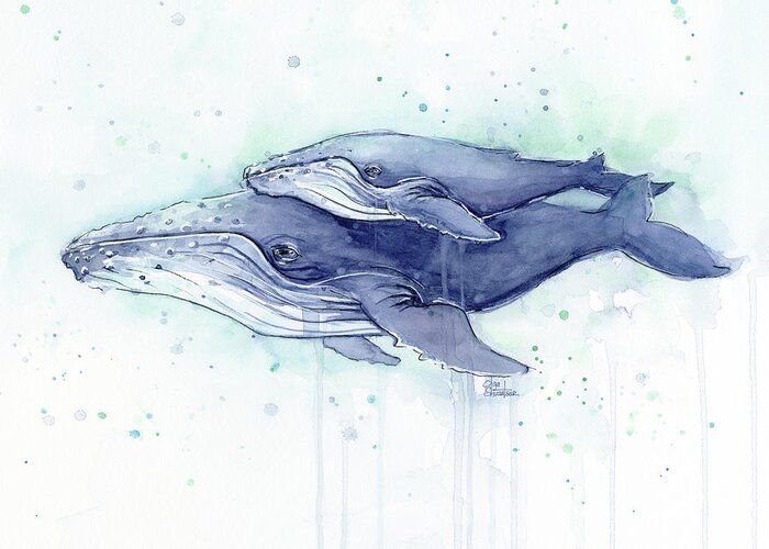 Whale Greeting Card featuring the painting Whales Humpback Watercolor Mom and Baby by Olga Shvartsur