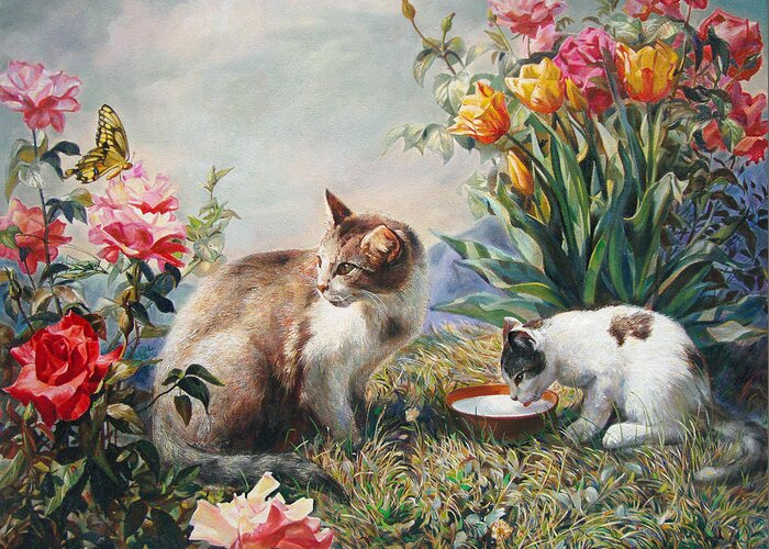 Milk Greeting Card featuring the painting What a Girl Kitten Wants by Svitozar Nenyuk