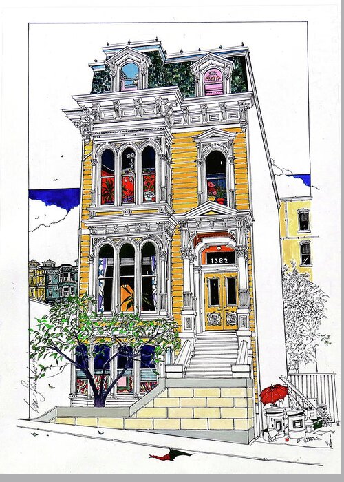 Painted Ladies Greeting Card featuring the mixed media What's In Your Window? by Ira Shander
