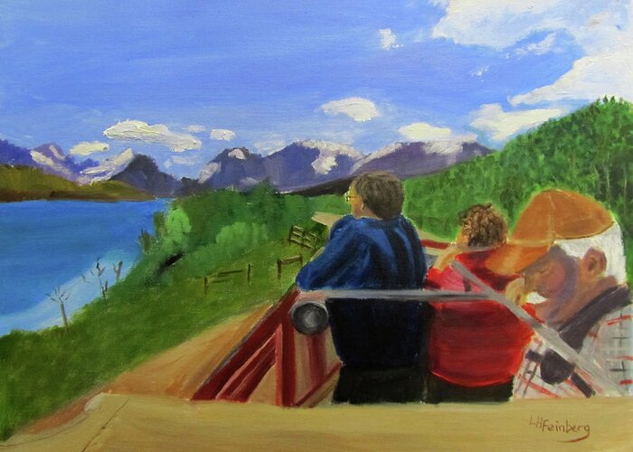 Glacier National Park Greeting Card featuring the painting What's Out There? by Linda Feinberg