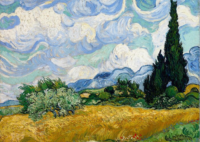 Van Gogh Greeting Card featuring the painting Wheat Field with Cypresses, from 1889 by Vincent van Gogh