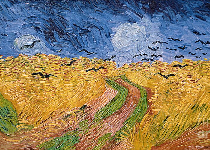 Landscape;post-impressionist; Summer; Wheat; Field; Birds; Threatening; Sky; Cloud; Post-impressionism Greeting Card featuring the painting Wheatfield with Crows by Vincent van Gogh