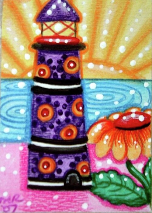 Lighthouse Greeting Card featuring the painting Whimsical Purple Lighthouse by Monica Resinger