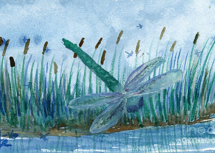 Dragonfly Greeting Card featuring the painting Whispering Cattails by Victor Vosen