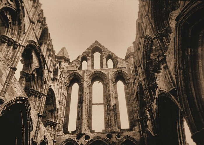 Whitby Abbey England Sepia Old Medieval Middle Ages Church Monastery Nun Nuns Architecture York Yorkshire Monasteries Ruins Saint Century Black Death Building  Cathedral Cloister Feudal Benedictine Monk Monks Celtic Bram Stoker Dracula Greeting Card featuring the photograph Whitby Abbey #19 by Raymond Magnani