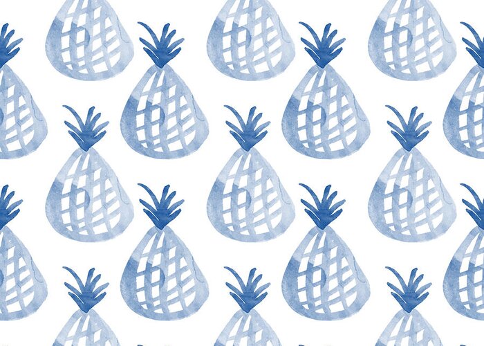Pineapple Greeting Card featuring the mixed media White and Blue Pineapple Party by Linda Woods