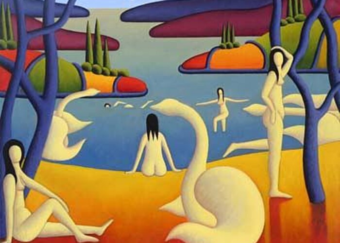 Bathers Greeting Card featuring the painting White Bathers in softscape with trees and swans by Alan Kenny
