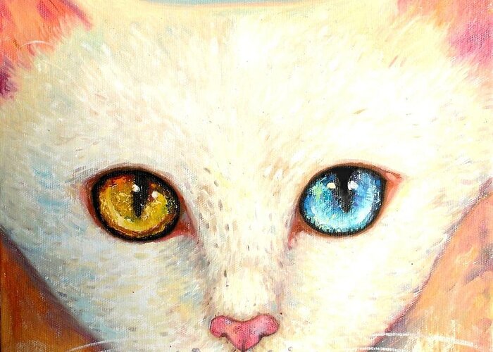 Portrait Greeting Card featuring the painting White Cat by Shijun Munns