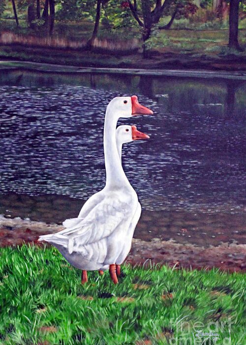 Chinese Geese Greeting Card featuring the painting White Geese at Dusk by Leandria Goodman
