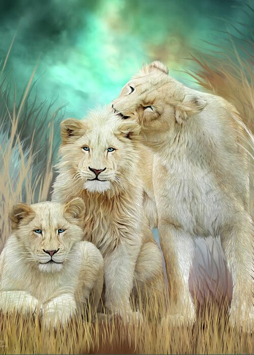 Carol Cavalaris Greeting Card featuring the mixed media White Lion Family - Mothering by Carol Cavalaris