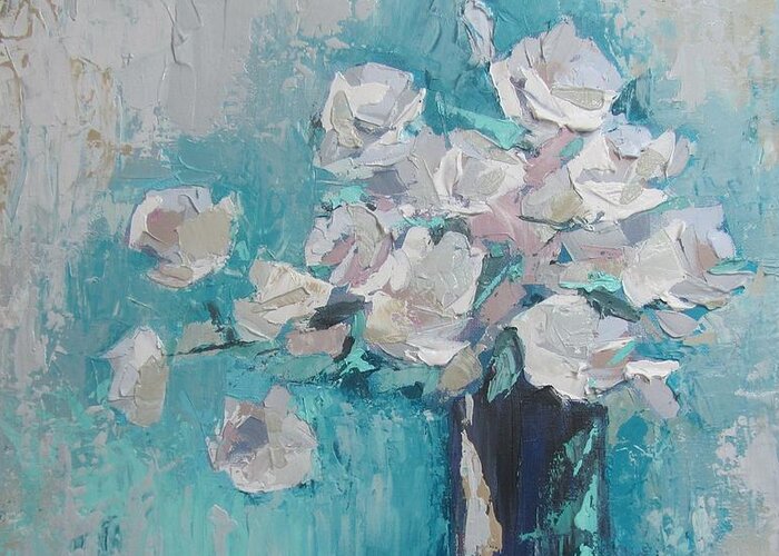 Still Life Greeting Card featuring the painting White Roses Palette Knife acrylic painting by Chris Hobel