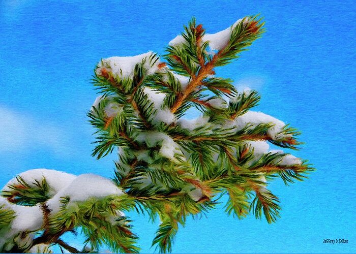 Blue Greeting Card featuring the painting White Snow on Evergreen by Jeffrey Kolker