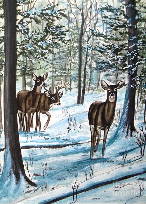 Deer Greeting Card featuring the painting White Tail Deer in Winter by Pat Davidson