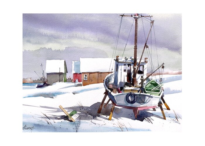 Fishing Boat In Snow Greeting Card featuring the painting White Waiting by Art Scholz