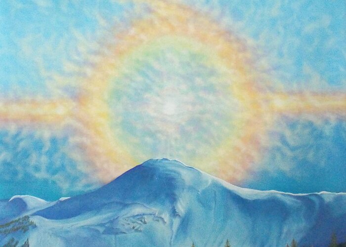 Sun Rainbow Greeting Card featuring the painting Who Makes The Clouds His Chariot Fire Rainbow Over Alberta Peak by Anastasia Savage Ealy