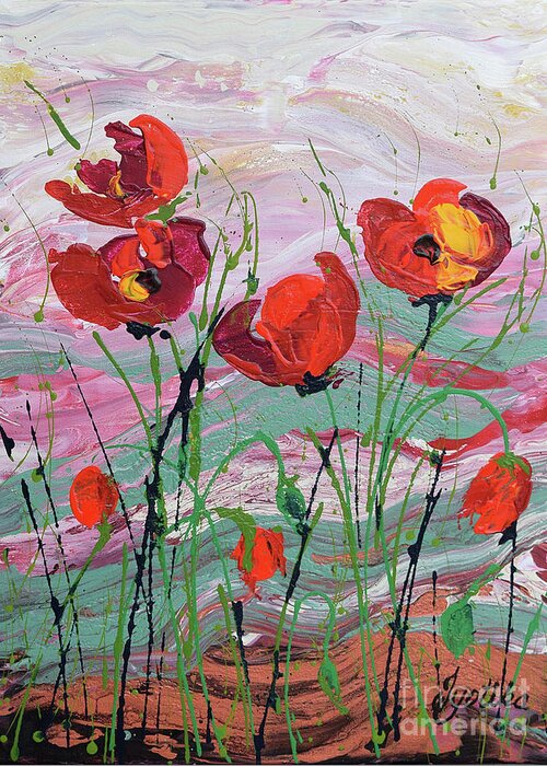 Wild Poppies - Triptych Greeting Card featuring the painting Wild Poppies - 1 by Jyotika Shroff