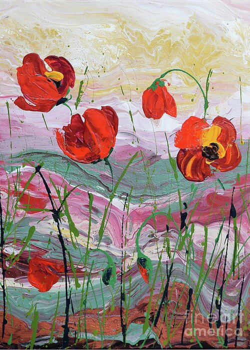 Wild Poppies - Triptych Greeting Card featuring the painting Wild Poppies - 2 by Jyotika Shroff