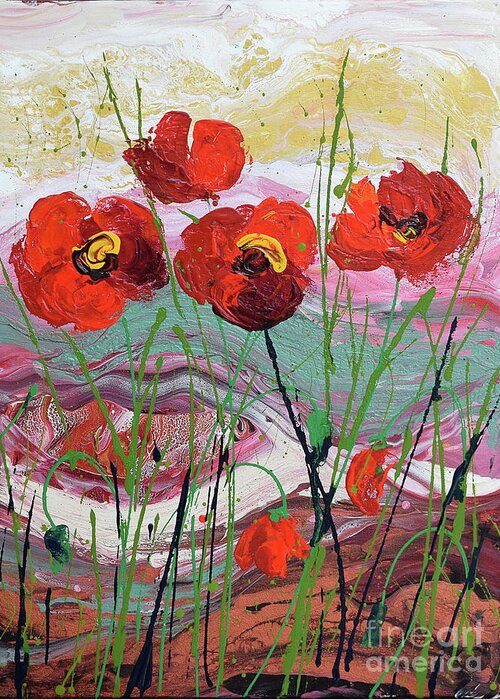 Wild Poppies - Triptych Greeting Card featuring the painting Wild Poppies - 3 by Jyotika Shroff