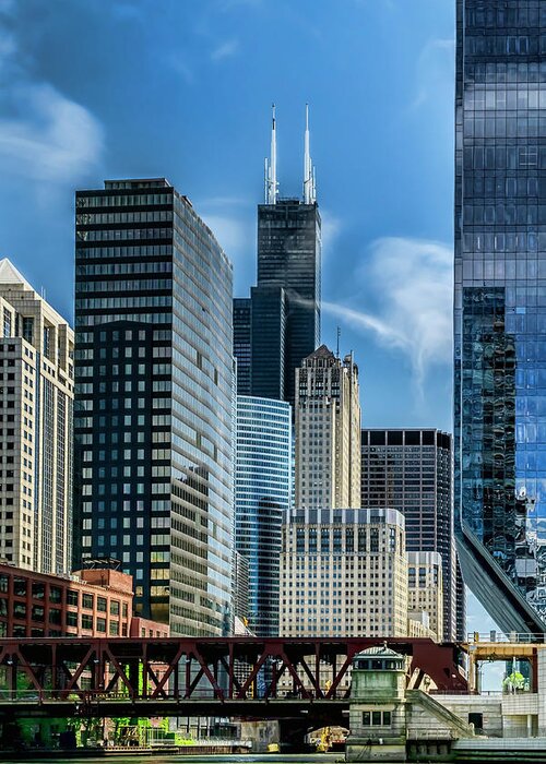 Willis Tower Greeting Card featuring the photograph Willis tower, skyline and Chicago River on a sunny day by Sven Brogren
