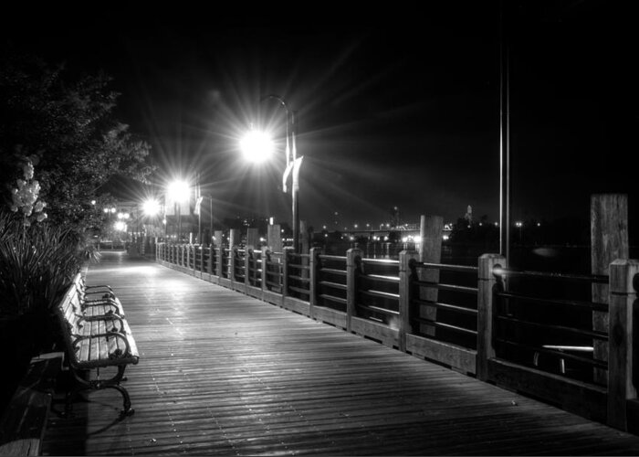 Riverwalk Greeting Card featuring the photograph Wilmington Riverwalk At Night in Black and White by Greg and Chrystal Mimbs