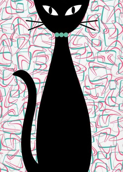 Mid Century Modern Greeting Card featuring the digital art Boomerang Cat in Aqua and Pink by Donna Mibus