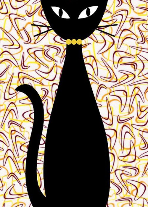 Mid Century Modern Greeting Card featuring the digital art Boomerang Cat in Yellow by Donna Mibus