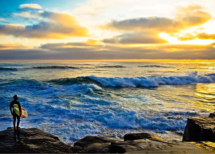 Surfer Beach La Jolla Windansea Ocean Sunset Waves Clouds Landscape Photography Canvas Greeting Card featuring the photograph Windansea Sunset Surfer by Kelly Wade
