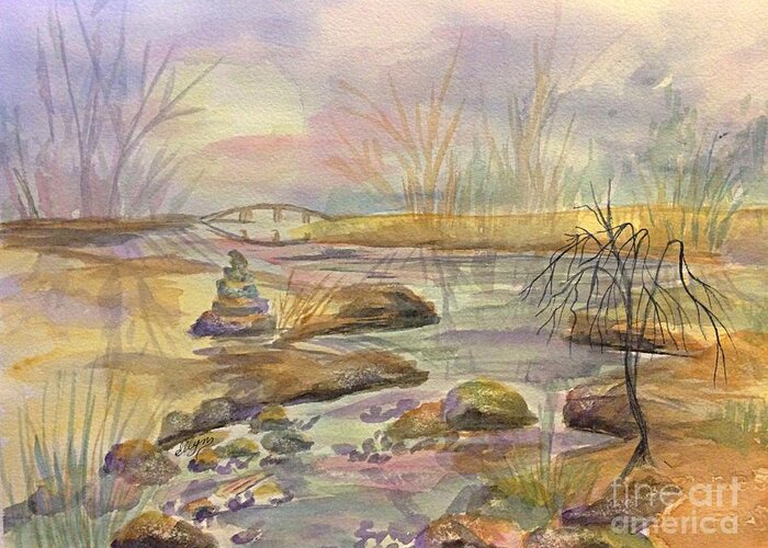Landscape Painting Greeting Card featuring the painting Bridge Over Quiet Waters by Ellen Levinson
