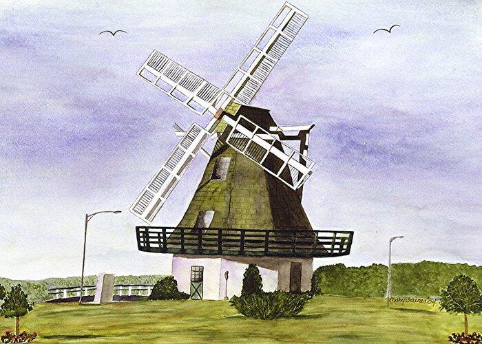 Windmills Greeting Card featuring the painting Windmill at City Beach by Mary Gaines