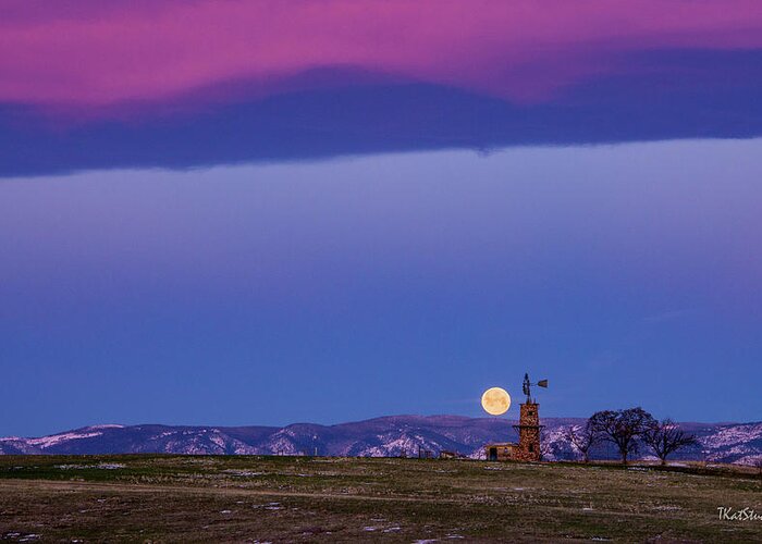 Colorado Greeting Card featuring the photograph Windmill at Moonset by Tim Kathka