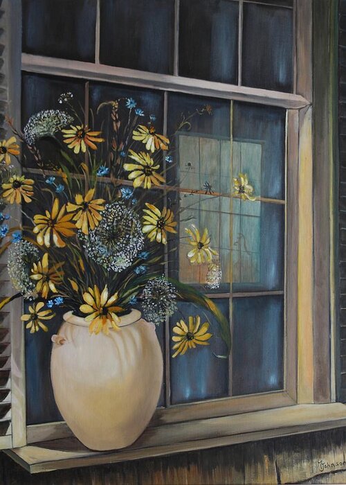 Wild Flowers Greeting Card featuring the painting Window Dressing - LMJ by Ruth Kamenev