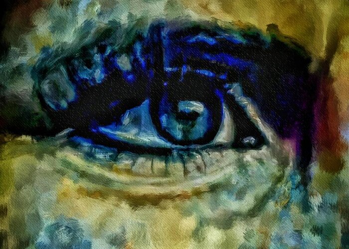 Windows Into The Soul Eye Painting Closeup Greeting Card featuring the painting Windows Into The Soul Eye Painting Closeup All Seeing Eye In Blue Pink Red Magenta Yellow Eye Of Go by MendyZ