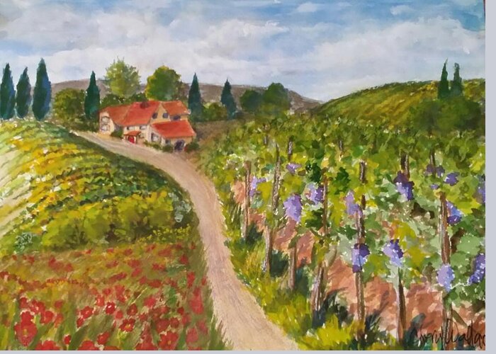 Vineyards Greeting Card featuring the painting Wine Country Imagined by Cheryl Wallace