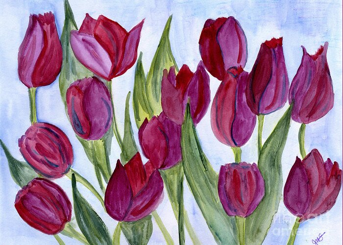 Tulip Greeting Card featuring the painting Wine Tulips by Julia Stubbe