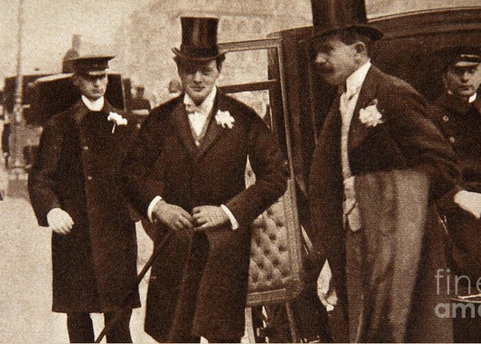Winston Churchill Greeting Card featuring the photograph Winston Churchill arriving at the doors of St Margaret's, Westminster on his Wedding Day, 1908 by English School