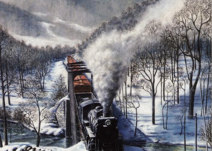 Train Greeting Card featuring the painting Winter at Deer Creek by David Mittner
