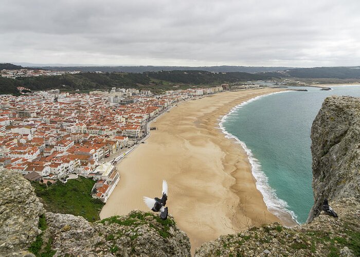 Nazare Portugal Greeting Card featuring the photograph Winter Beach - Nazare Portugal from the Clifftops by Georgia Mizuleva