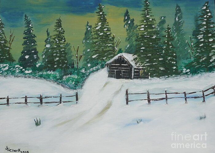 Snow Greeting Card featuring the painting Winter Cabin by Jimmy Clark