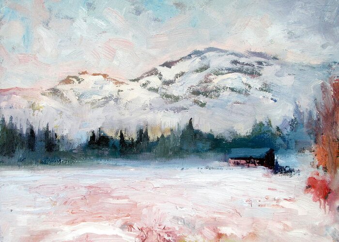 Cabin Greeting Card featuring the painting Winter Cabin, Westfork by Gregg Caudell